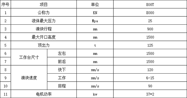 800噸液壓機(jī)參數(shù)